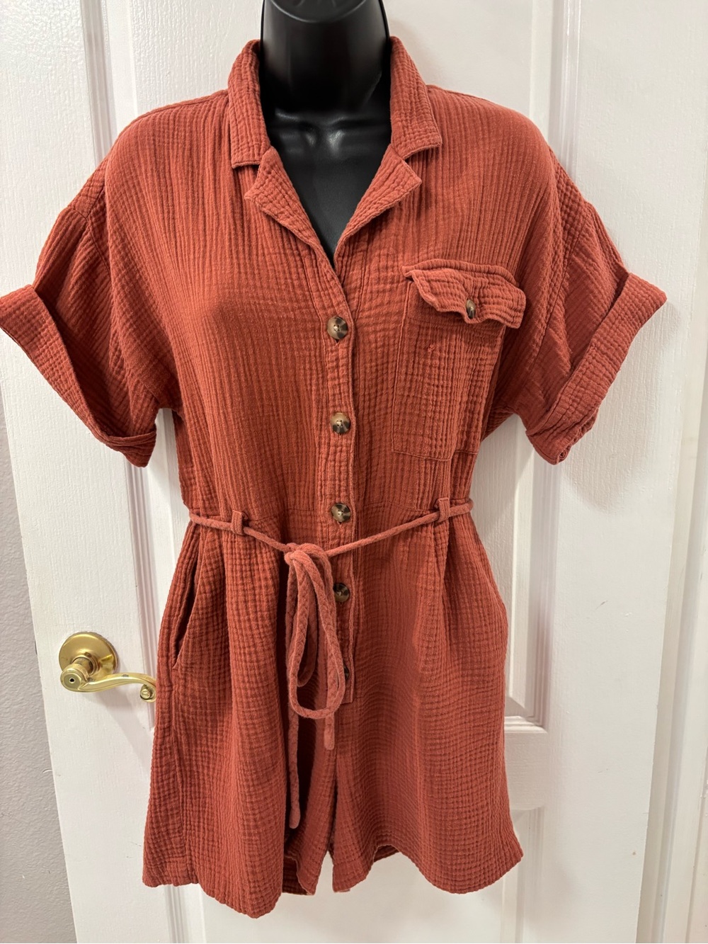 Madewell Lightspun Belted Safari Romper Cotton Gauze Romper Weathered Brick S